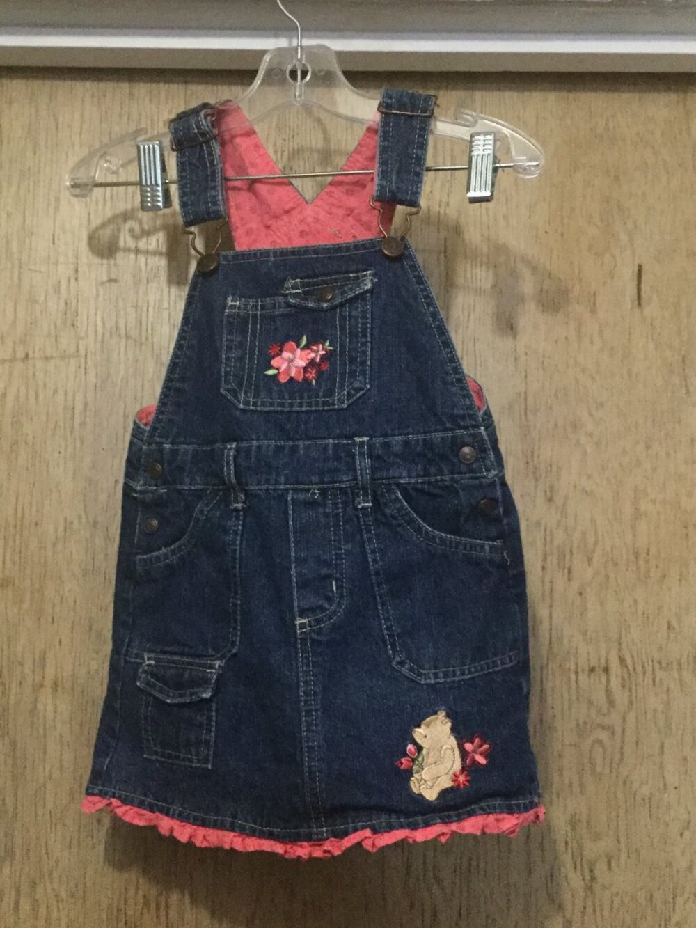 Classic Pooh denim jumper dress with embroidered Pooh and flowers Size 3T